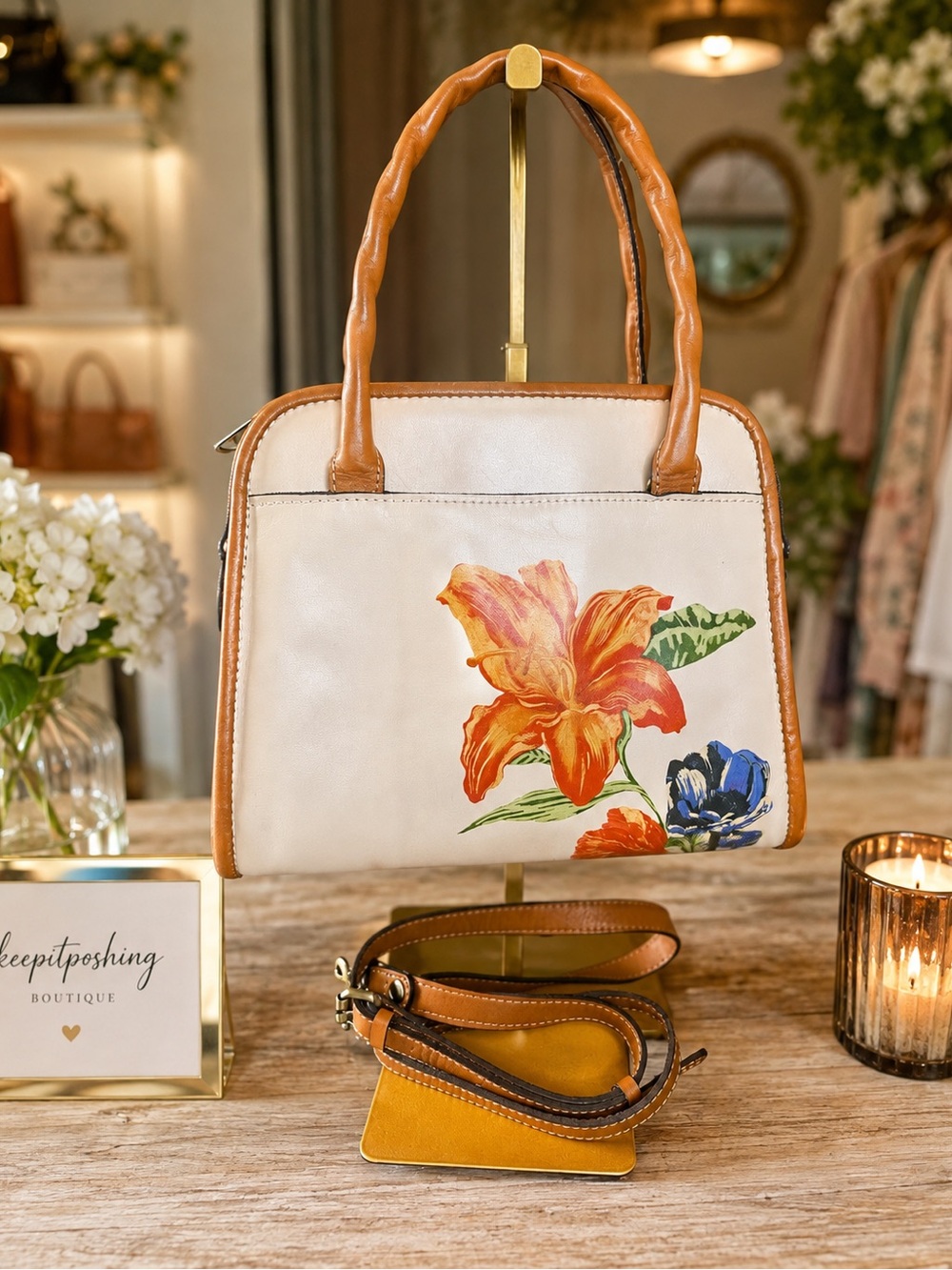 Patricia Nash Cream & Tan Floral Leather Satchel